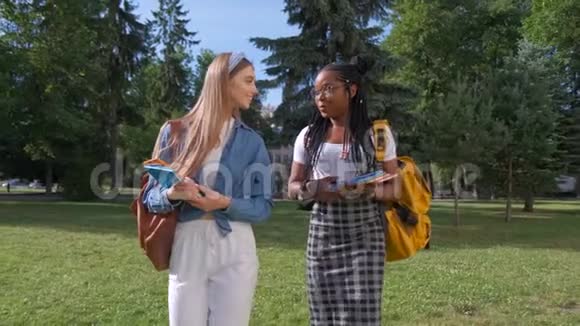 两位跨国女性朋友的户外肖像夏天女孩在公园里散步学生生活方式视频的预览图