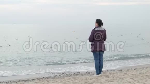 K4女人站在海边看着大海和海鸥视频的预览图