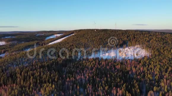 有风车无人机镜头的森林视频的预览图