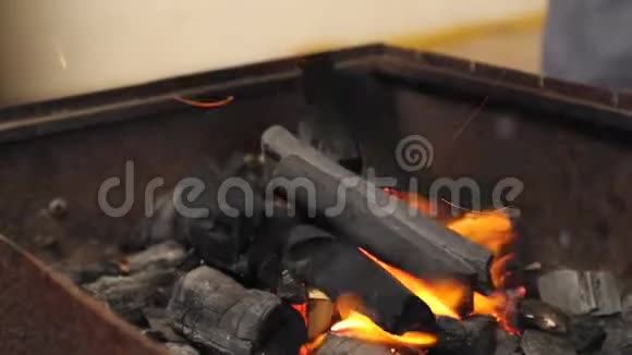 在烤架里把烧好的木头准备烧烤视频的预览图