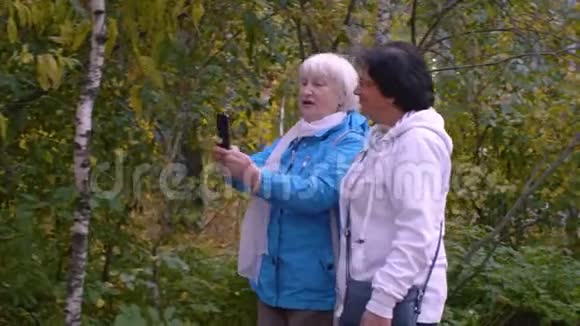 在秋季公园快乐活跃的老年人在电话中散步和拍照视频的预览图