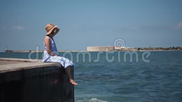 一位身穿蓝色连衣裙的年轻美女坐在湖边的一个木墩上视频的预览图