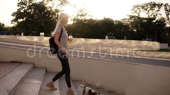 在城市里女人和一只狗在皮带旁散步从公园的楼梯上走下来手里拿着一个橘子视频的预览图