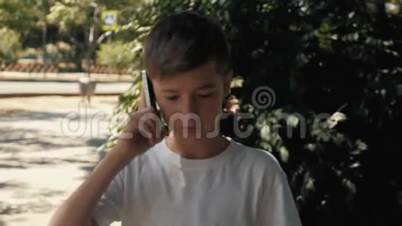 夏天一个十几岁的男孩在公园里用智能手机聊天视频的预览图