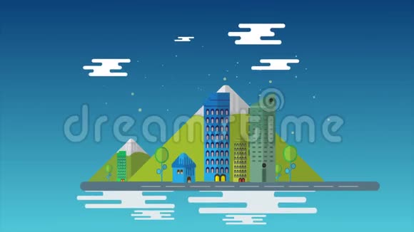 平面卡通城市动画背景视频的预览图