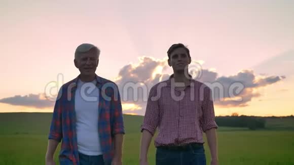 快乐的成年儿子和他的父亲走在麦田上微笑着美丽的天空日落时有云视频的预览图