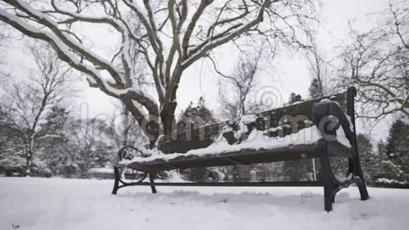 空旷的公园长凳被冬天的风覆盖在雪上视频的预览图