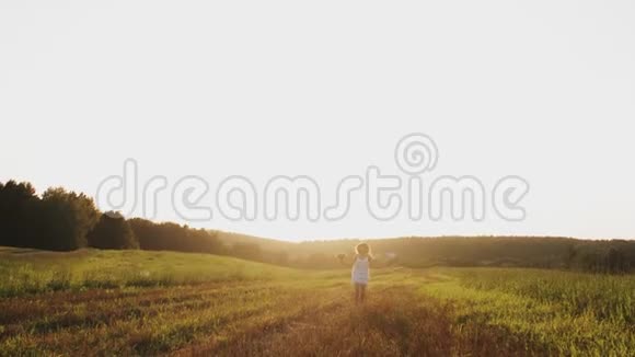 日落时分带着鲜花的快乐女孩在乡间田野里奔跑视频的预览图
