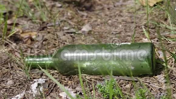 老扔出空的绿瓶子垃圾森林里的垃圾特写视频的预览图