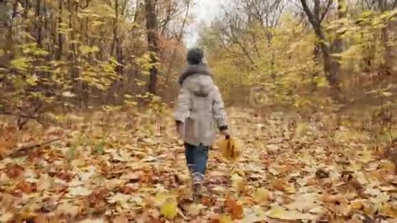活泼开朗的小男孩沿着秋天公园的小巷奔跑视频的预览图