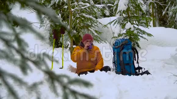 游客在冬天的森林里休息视频的预览图