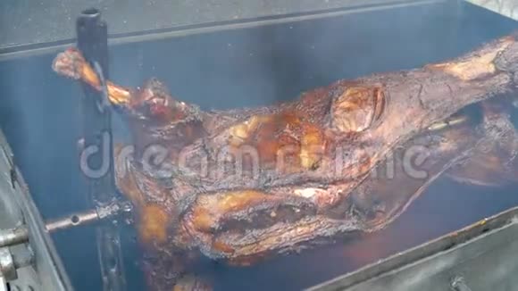 猪肉肉在明火里烤在柴火烧烤炉里煮猪视频的预览图