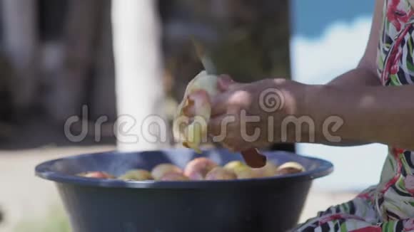 一位老年妇女的特写镜头她的手拿着一把削皮的苹果视频的预览图