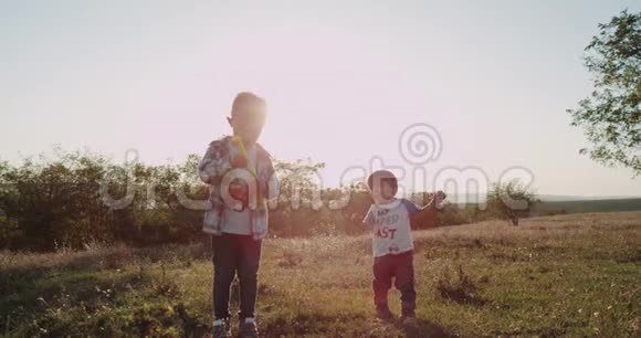 两个小男孩一个三岁一个一岁在大自然中玩泡泡视频的预览图