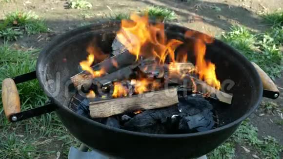 在篝火中明亮地燃烧着木柴和煤火焰在金属烤架或烧烤中燃烧视频的预览图
