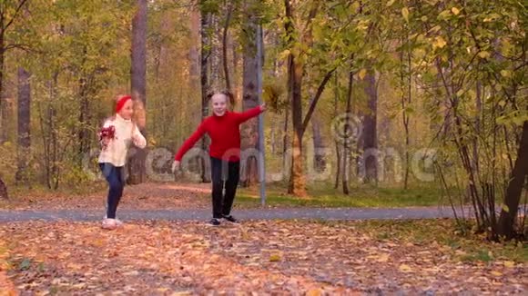 秋天公园里快乐可爱的女孩在慢动作地用叶子束奔跑视频的预览图