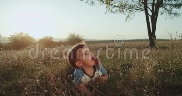 非常可爱的一岁婴儿吃非常有趣的棒棒糖躺在草地上惊人的日落视频的预览图
