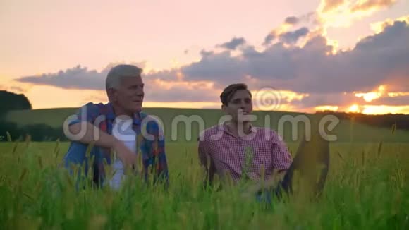 成年儿子和老父亲坐在小麦或黑麦地上环顾四周放松美丽的景色与日落视频的预览图