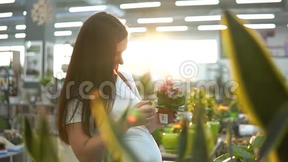 美丽的女孩穿着白色T恤在花店买绿色的花卉植物视频的预览图