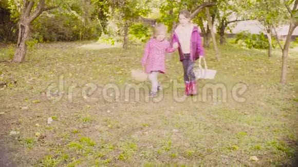 两个拿着篮子的女孩手牵手走着收获的路视频的预览图