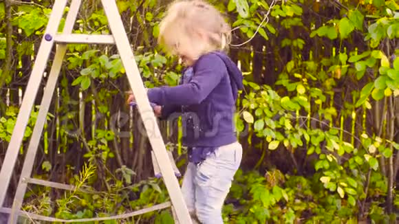 小女孩爬上爬下的梯子视频的预览图