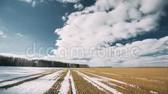 春暖花开的田野部分覆盖了冬季融化的雪准备迎接新的季节早春耕田农场视频的预览图