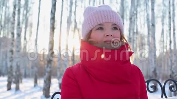 穿着红色温暖夹克的年轻美女坐在画报公园的长凳上在冬天寒冷的阳光明媚的日子里用桦树和温暖的双手视频的预览图