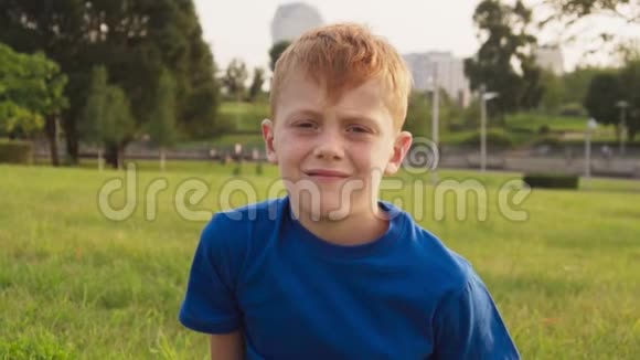 忧郁的红发小男孩满脸雀斑阳光明媚的夏日公园视频的预览图