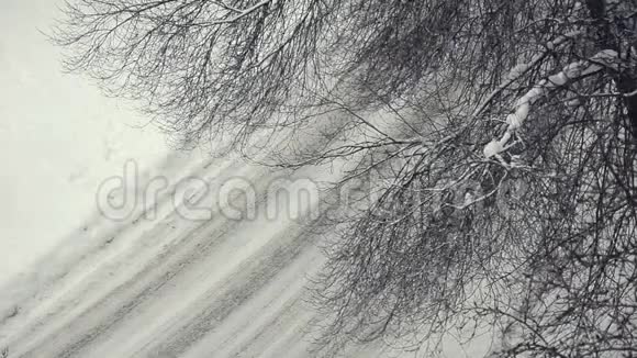 冬天汽车在暴风雪中沿着雪道行驶视频的预览图