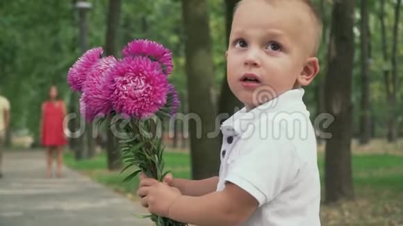 公园里有花的英俊的小男孩视频的预览图