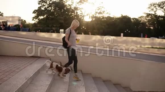 在城市里女人和一只狗在皮带旁散步从公园的楼梯上走下来手里拿着一个橘子视频的预览图