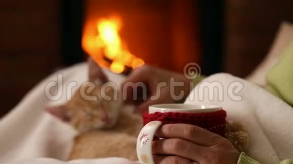 坐在壁炉前喝杯咖啡的女人和她的小猫视频的预览图