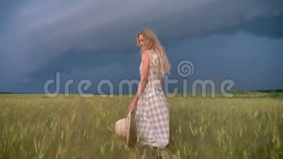 年轻的受启发的女孩在雨天的田野里走开了自由的概念俯视视频的预览图