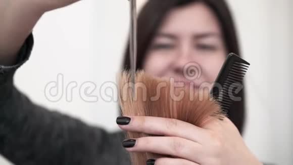 年轻女性理发师剪客户的红头发视频的预览图