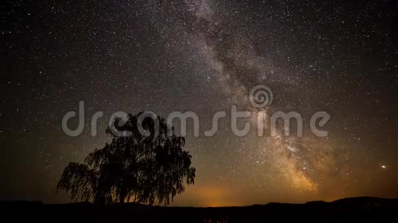 夜空银河一棵孤独的树站在山上落下的星星视频的预览图