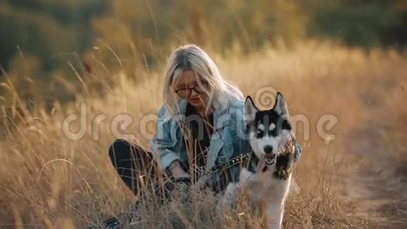 女人和狗在大自然中玩耍与宠物一起享受夏日时光视频的预览图