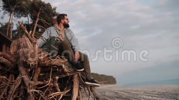 年轻的胡须男坐在沙滩上的树枝上视频的预览图