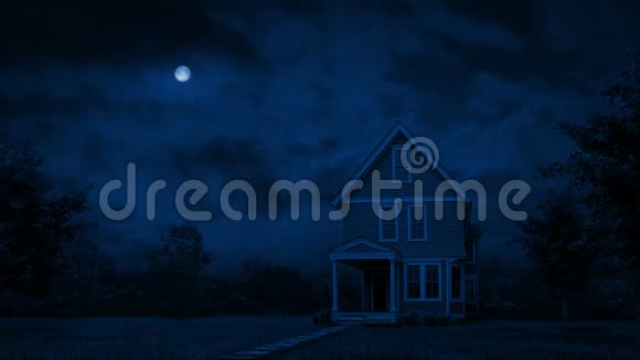 夜晚的房子有树木和草坪微风吹拂视频的预览图