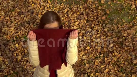 一个年轻迷人的女孩在秋天的公园里看着相机微笑着摸着围巾视频的预览图