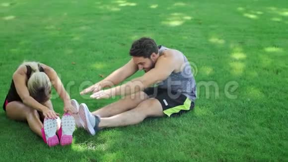 夏季公园草地运动情侣训练伸展运动视频的预览图