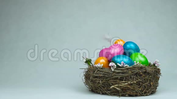 复活节彩蛋和彩蛋的象征在巢里羽毛飘落基督教节日的概念视频的预览图