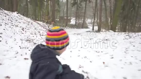 冬天孩子们在森林里的山上玩耍视频的预览图