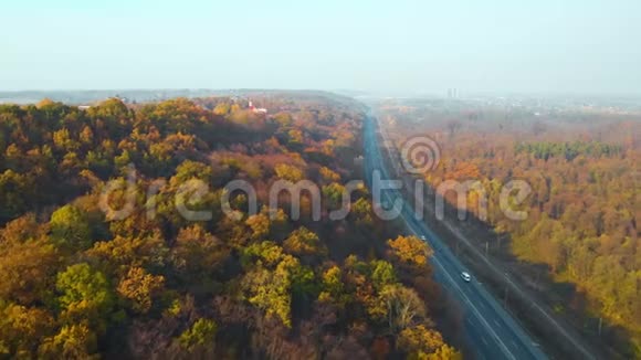 在美丽的秋林中鸟瞰道路视频的预览图