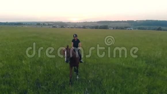 专业的女性马术运动员骑着马穿过一片广阔的田野视频的预览图
