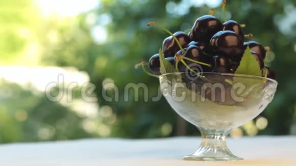 全景玻璃花瓶里放着甜樱桃花瓶里放着水果有美丽模糊的花园树视频的预览图