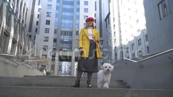 带着狗的小女孩站在大楼的前面视频的预览图
