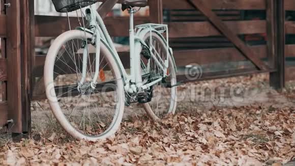 带篮子的老式自行车靠在木栅栏上视频的预览图