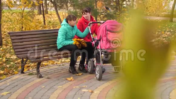 妈妈和女儿坐在秋天公园的长椅上和小宝宝一起摇着婴儿车视频的预览图