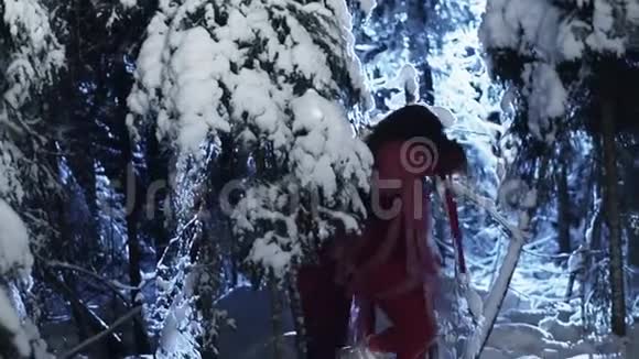 穿着红色服装的青年男女正在白雪皑皑的冬林中行走视频的预览图