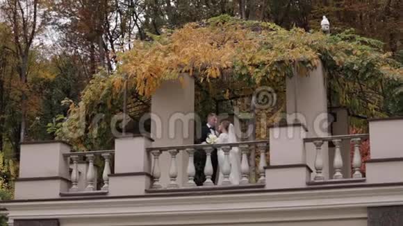 美丽的新婚夫妇站在秋天的阳台上背景是森林视频的预览图
